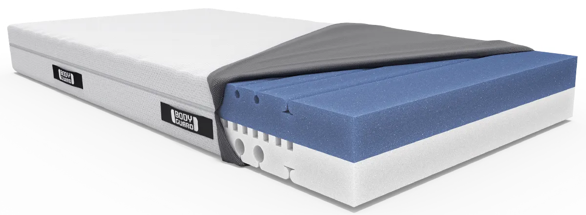 Matelas BODYGUARD® partiellement ouvert, montrant les différentes couches internes : une mousse bleue et blanche. La housse grise est partiellement retirée.